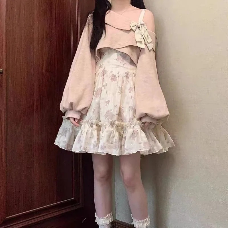 

Новинка 2023 года, японское платье Лолиты с цветочным принтом и открытыми бретелями, милое летнее и осеннее топы с длинными рукавами и рукавами-фонариками, комплект из двух предметов