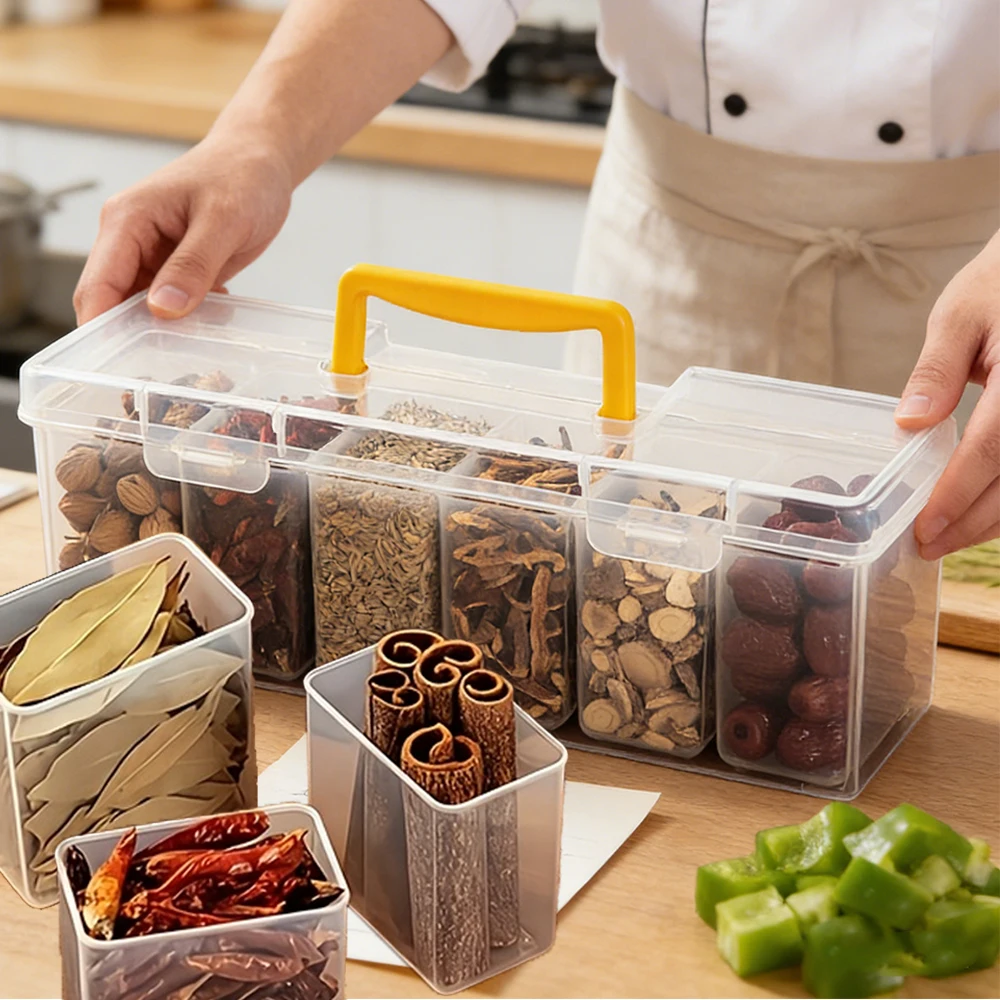 

Spice Storage Box with 6 Grid Compartments Sealed Waterproof Dustproof Seasoning Box Portable Kitchen Household Seasoning Boxes
