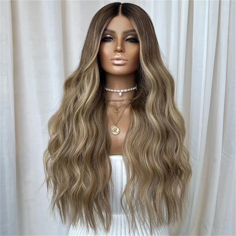 Glueless Ombre Brown Blonde Synthetic HD Lace Front Wig With Dark Roots Natural Preplucked Hairline 30 Inch Super Long Wave Wig