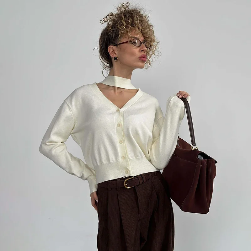 

Halter Ribbon Knitted Cardigan For Women Long Sleeve V neck Fashion Rib Sweater Coat Casual Autumn Winter Solid Knit Top