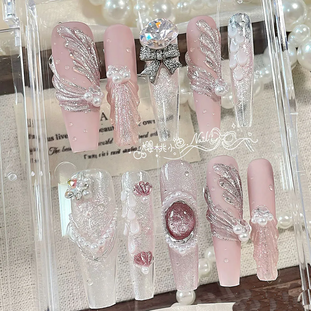 Gentle Ethereal Style Cat Eye Glitter Almond Press-On Nail Stereoscopic Flower Gemstone Pearl Butterfly Nail Patch Birthday Gift