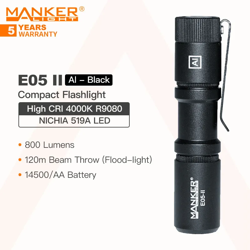 Manker E05 II (Al-balck, High CRI Version, 4000K R9080) Compact EDC Flashlight, 519A LED 1300 Lumens, 14500 or AA Battery