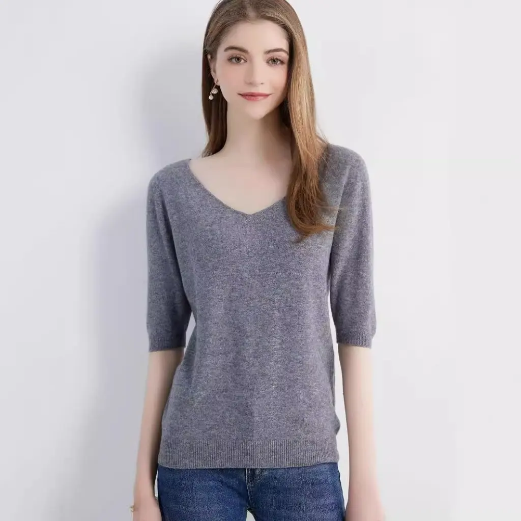 

Женская футболка с короткими рукавами и v-образным вырезом, простой темперамент, весенне-осенний шерстяной вязаный свободный тонкий свитер для похудения