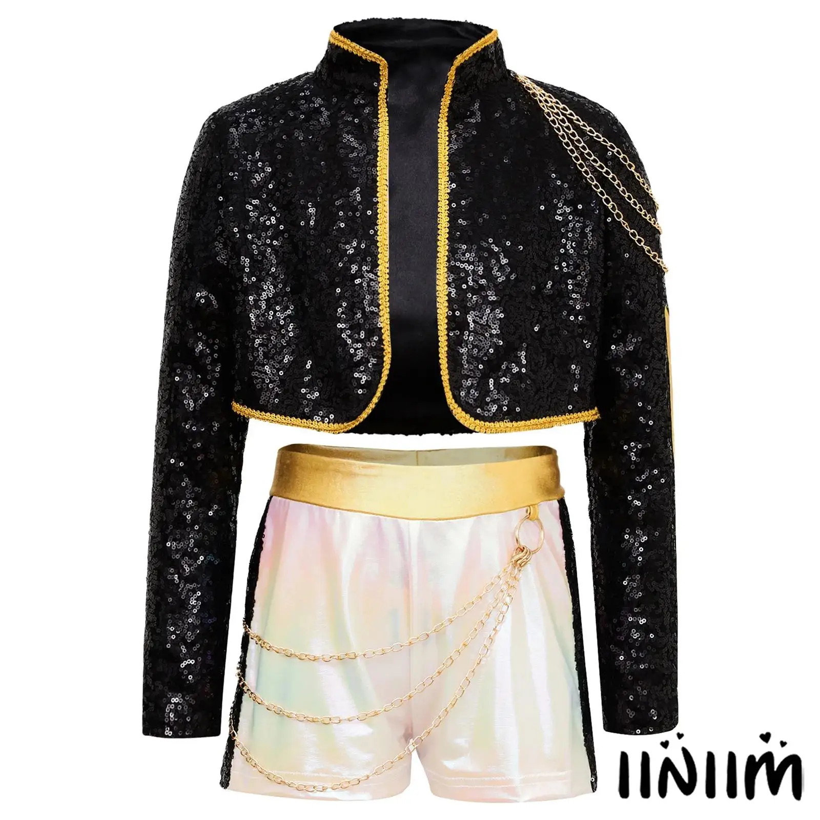 

Kids Girls Gothic Inspired Singer Outfit Invisible Back Zipper Crop Tops And Metallic Shorts for Stage Shows And Demon Role Play