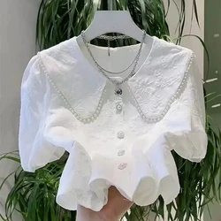 Peter Pan Collar Embroidered Flares Summer Solid Color Women's Clothing Short Sleeve Button Up Cardigan T-shirt Casual Tops