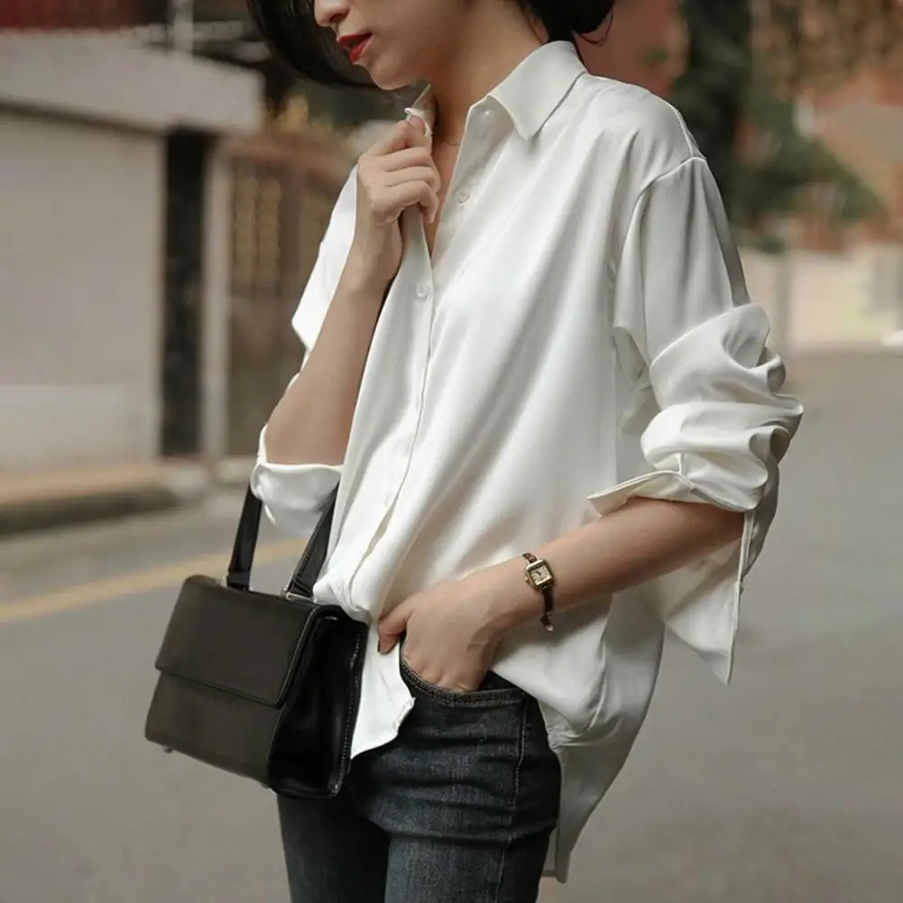 Women Shirt Formal Business Blouse Shirt Vintage Satin Silky Loose Long Sleeve Lapel OL Commute Sping Fall Top Camisa De Mujer