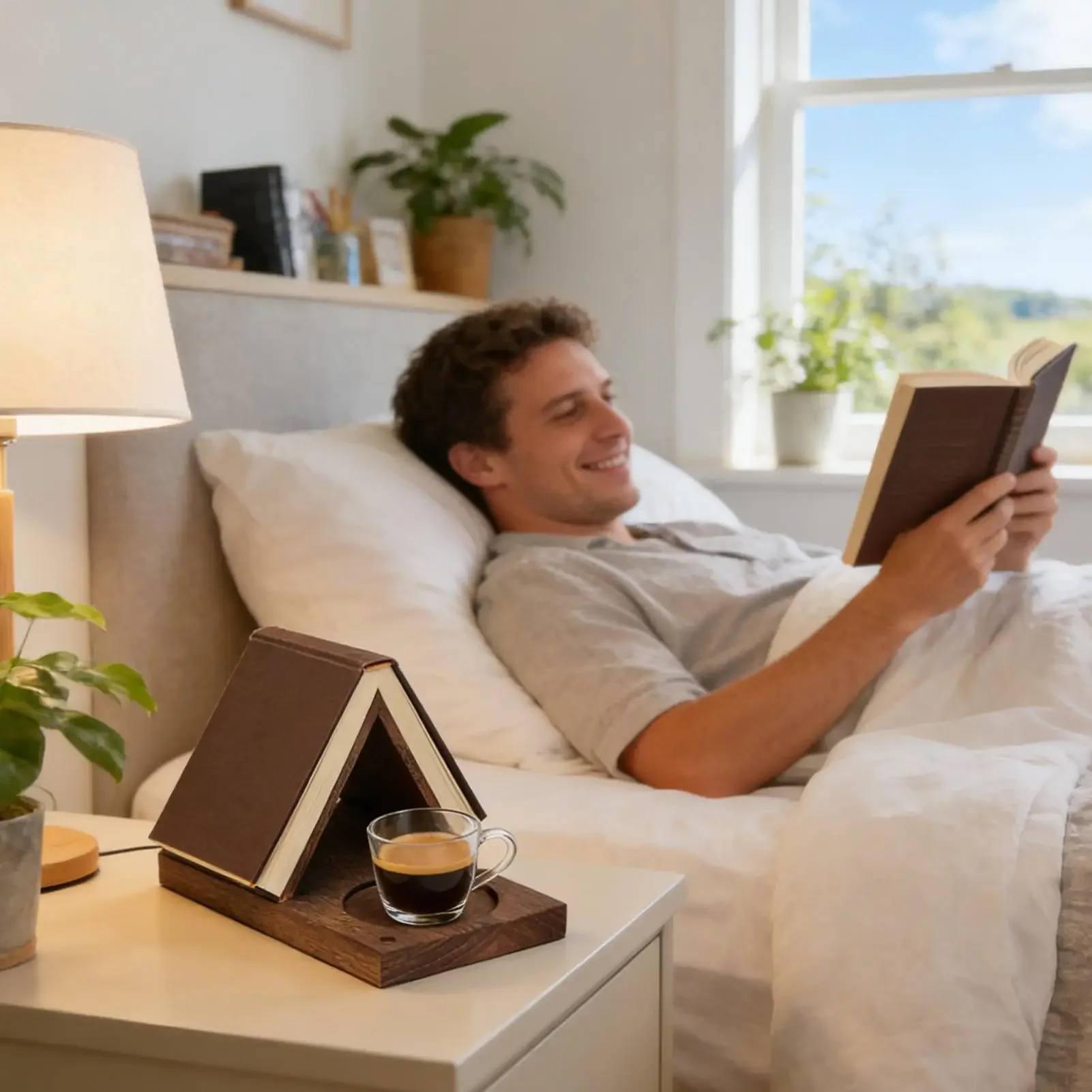 Triangle Book Stand Wooden Page Bookshelf Book Stand with Holder Cup for Bedside Nightstand Desktop Study Library Home Decor
