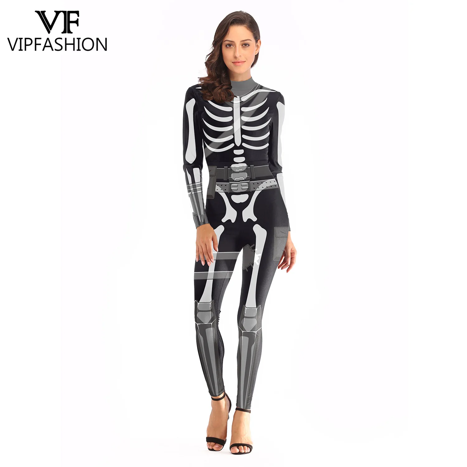 

VIP FASHION Women's Halloween Tactical Cosplay Jumpsuit Skeleton Printed Bodysuit Skinny Party Costume Spandex Zentai Catsuit