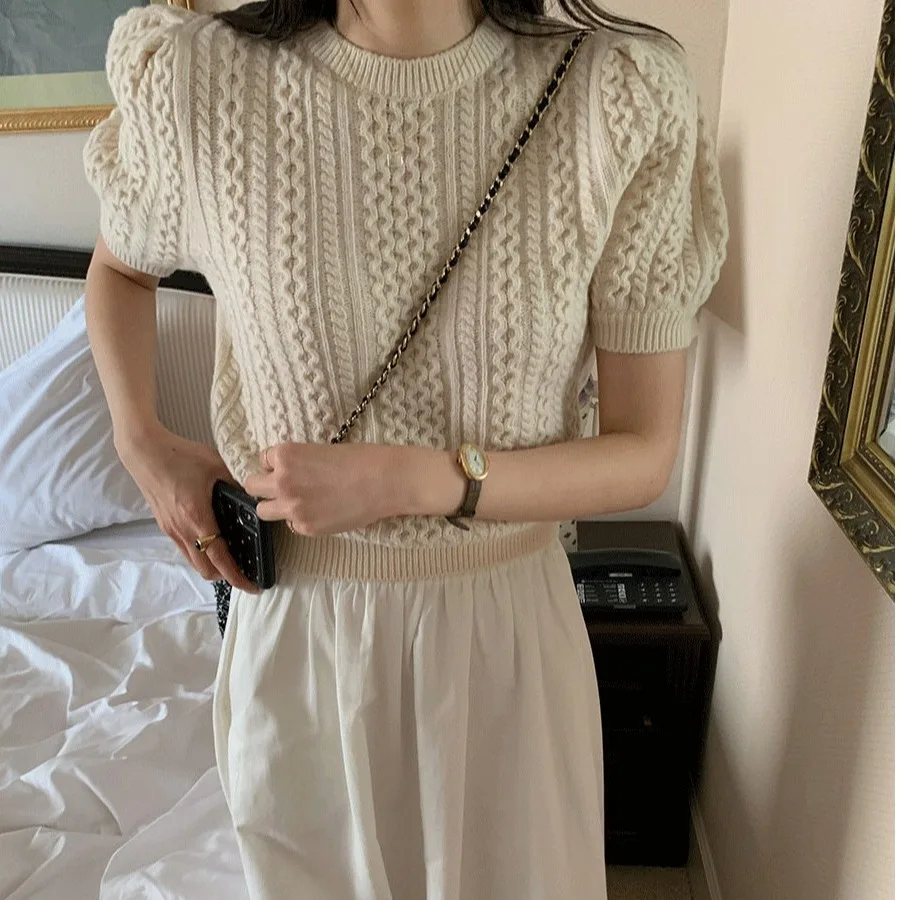 

Вязаный свитер с высокой талией Bubble Sve, женский шикарный универсальный круглый Ne Heavy Work Twist Head ort Top в Корейском стиле