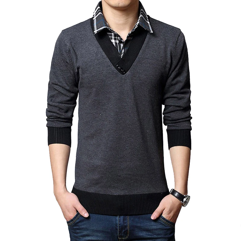 Slim Sweater Men Autumn Winter Thicked Warm Slim Sweaters Casual Fake Two Design Dress Pullover Men Cotton Hombre
