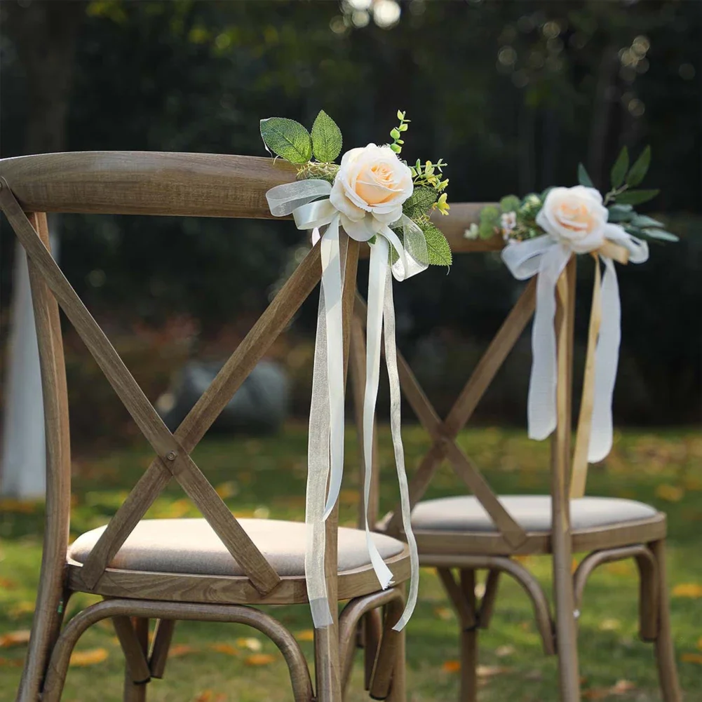 

Elegant Artificial Rose Flower for Wedding Chair Decorations Green Leaves Handmade Chiffon Ribbons Bench Flower Party DIY Decor