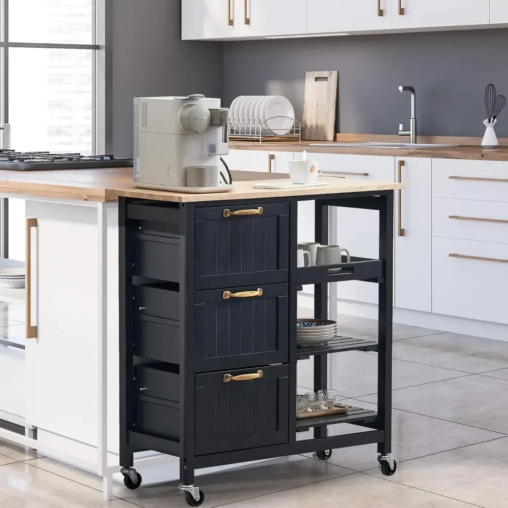 

Kitchen Island Cart with 3 Drawers 2 Tier Holders 1 Removable Tray Black Rolling Kitchen Storage Home Serving Bar Cart