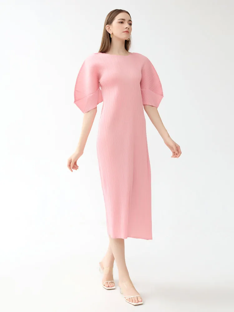 Miyake Pleated Short Sleeve Dress Women 2024 Summer New Korean Fashion  Solid Color Casual Round Neck Slim Fit Long Dress - AliExpress 200000345