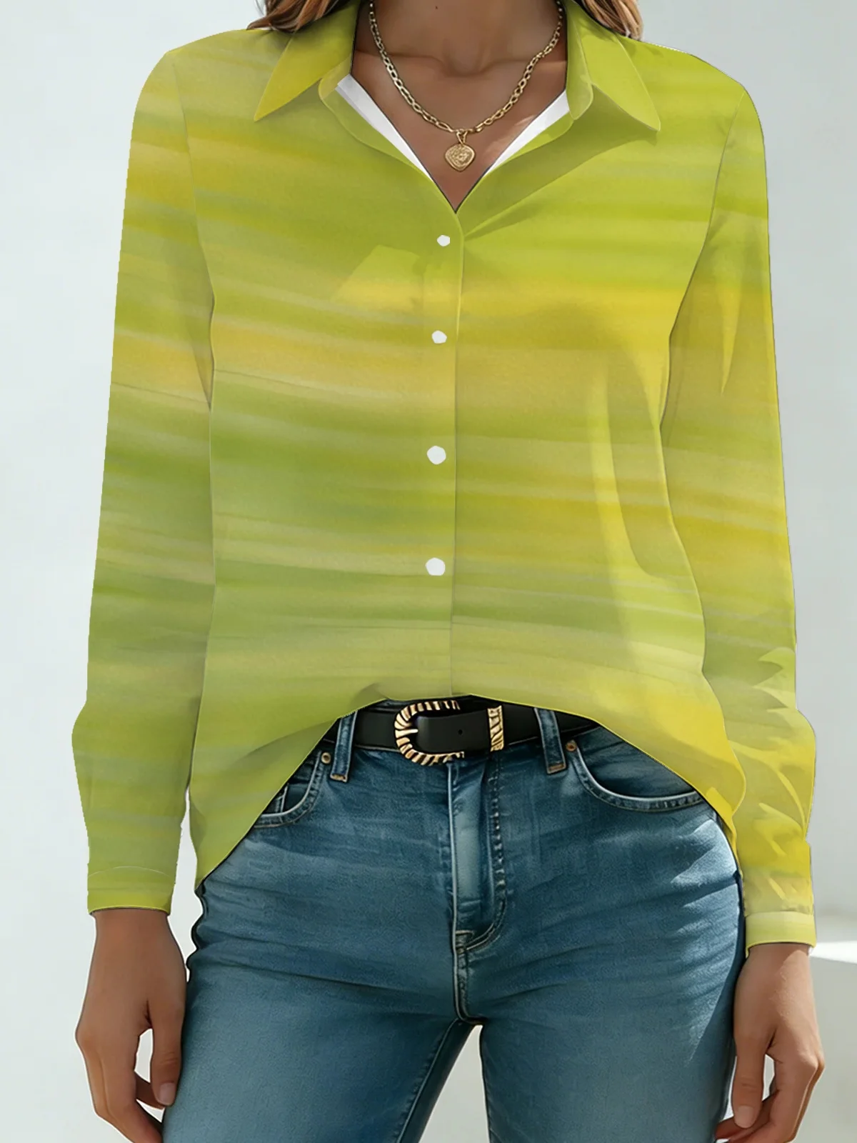 Fresh Green Yellow Watercolor Stripe Womens Collared Shirt All Over Gradient Horizontal Print Long Sleeve Street Dating Top