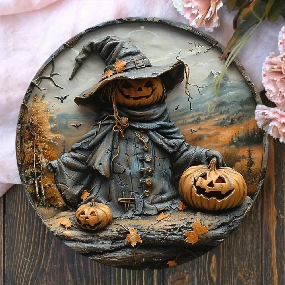 Vintage Halloween Kürbis Vogelscheuche Metall Wandskulptur 8" | Rundes Aluminium, Plakette, Halloween- und Weihnachtsgeschenk, Heim-/Café-Dekoration