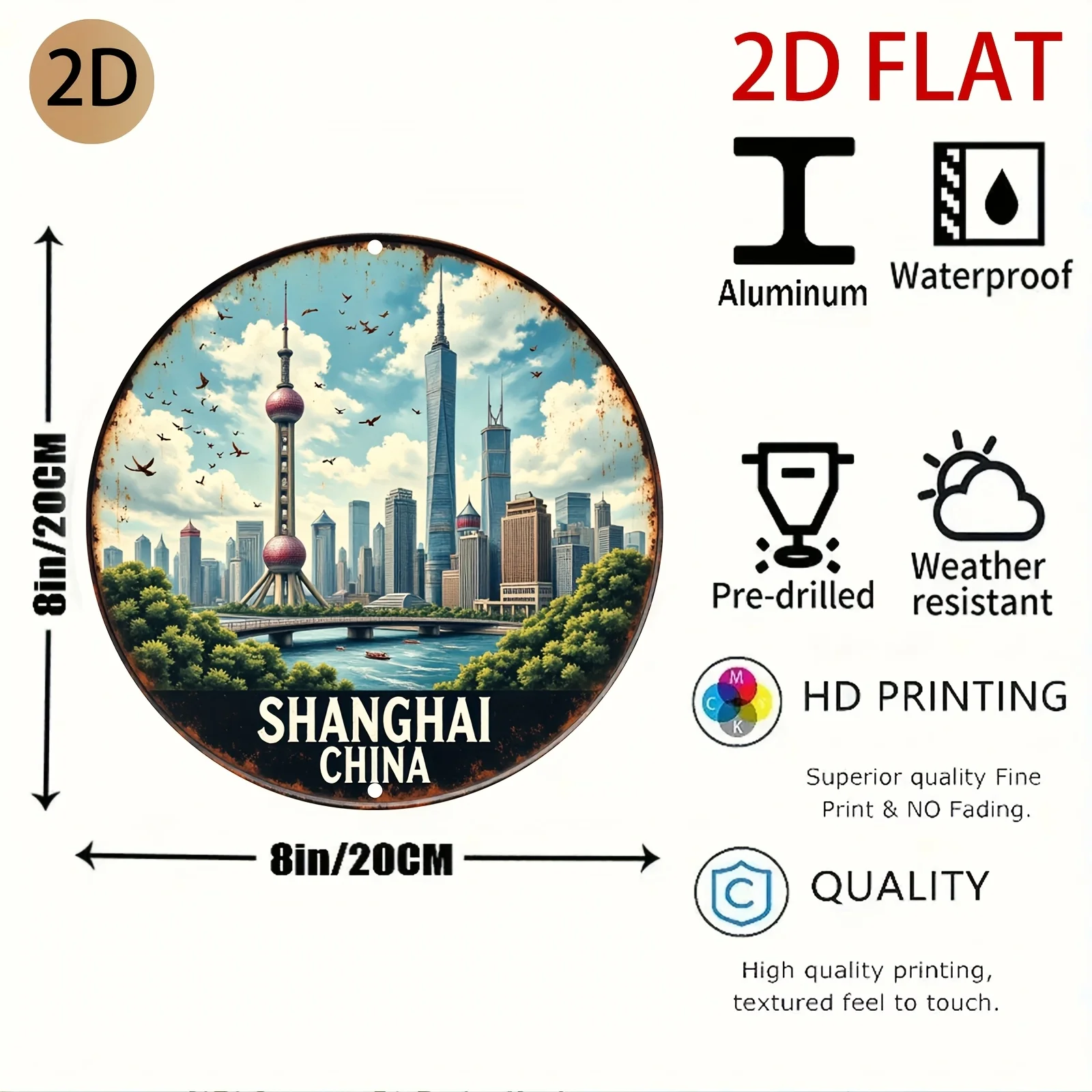 Shanghai China Cityscape Metal Wall Art - Retro Shanghai Skyline with Labeled Landmarks - Hanging Decor Suitable for Home, Garag