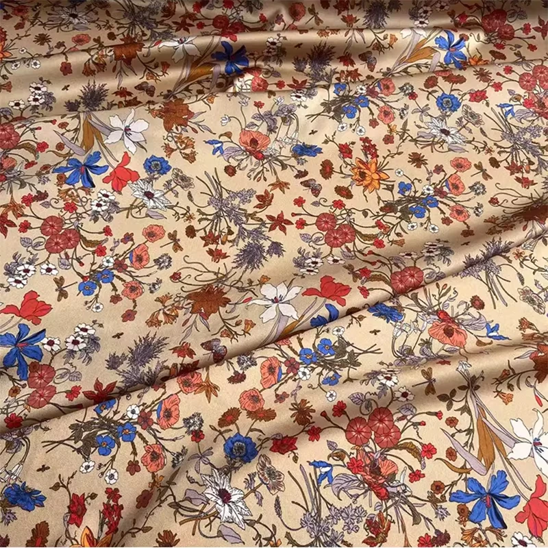 

1 meter 90% Mulberry Silk 10% Spandex 19 momme Charmeuse Silk Fabric Champagne Floral Printed 140cm 55" wide by the yard XY085