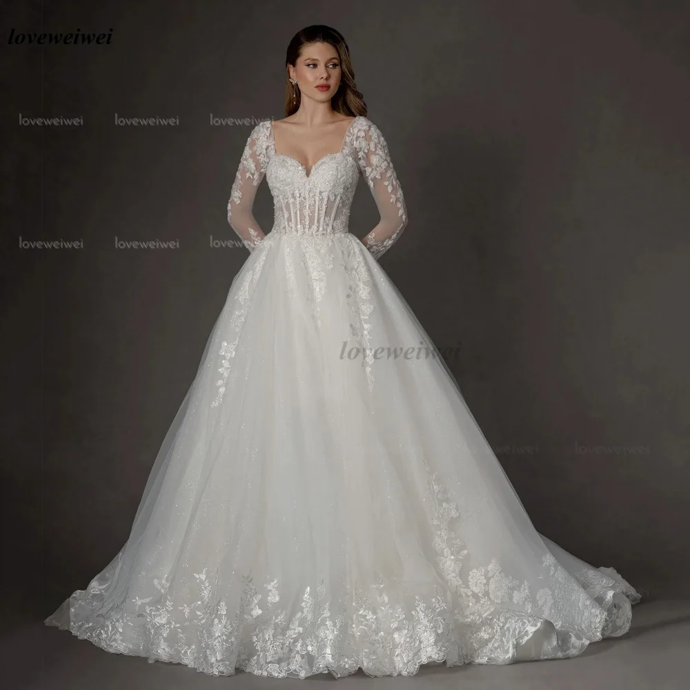 

Customized Wedding Dress Luxury Long Sleeves Bride Dresses A Line Applique Bridal Gowns Elegant Lace UpVestidos De Novia