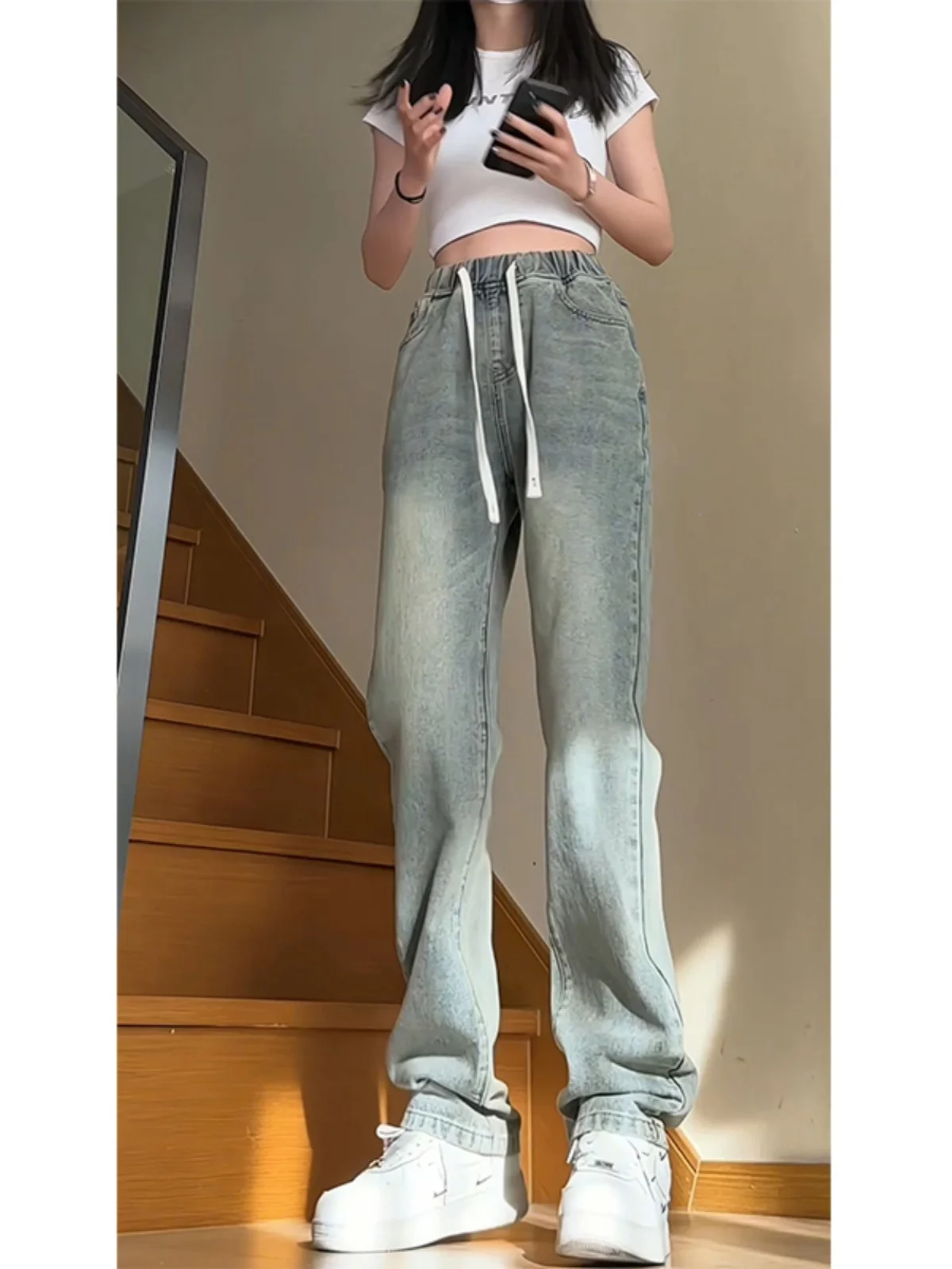 

Американские ретро-джинсы светло-голубого цвета с завязками, мужские удлиненные брюки, модные брендовые прямые брюки Haome Slim, длинные брюки