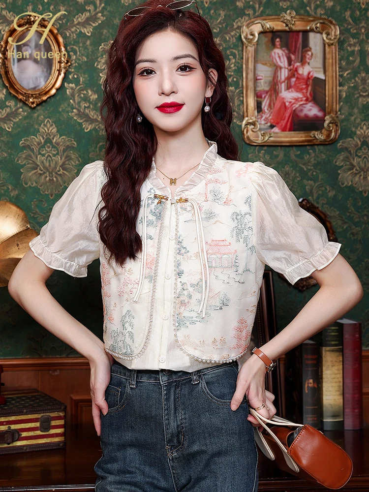 H Han Queen Women\'s Sumer Clothes Blouses Korean Chic Embroider Chiffon Blouse Work Casual Top Simple Vintage Short Sleeve Shirt