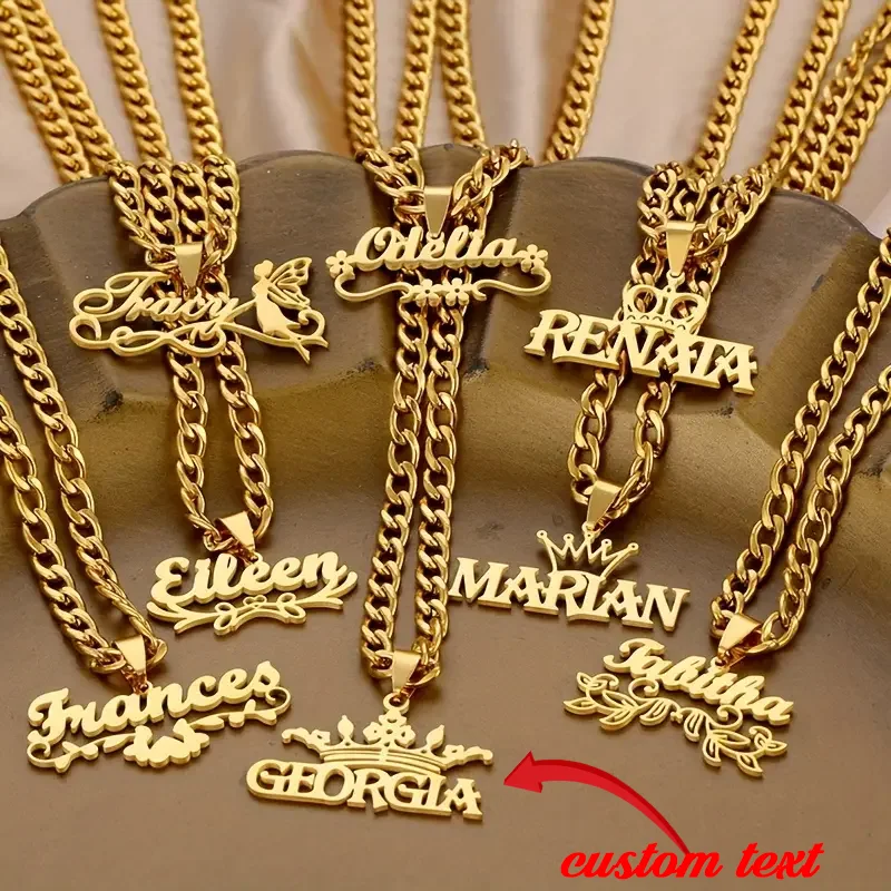 

Punk Custom Name Necklace With Flower Crown For Women Men Stainless Steel Thick Cuban Chain Hiphop Nameplate Necklace Jewelry