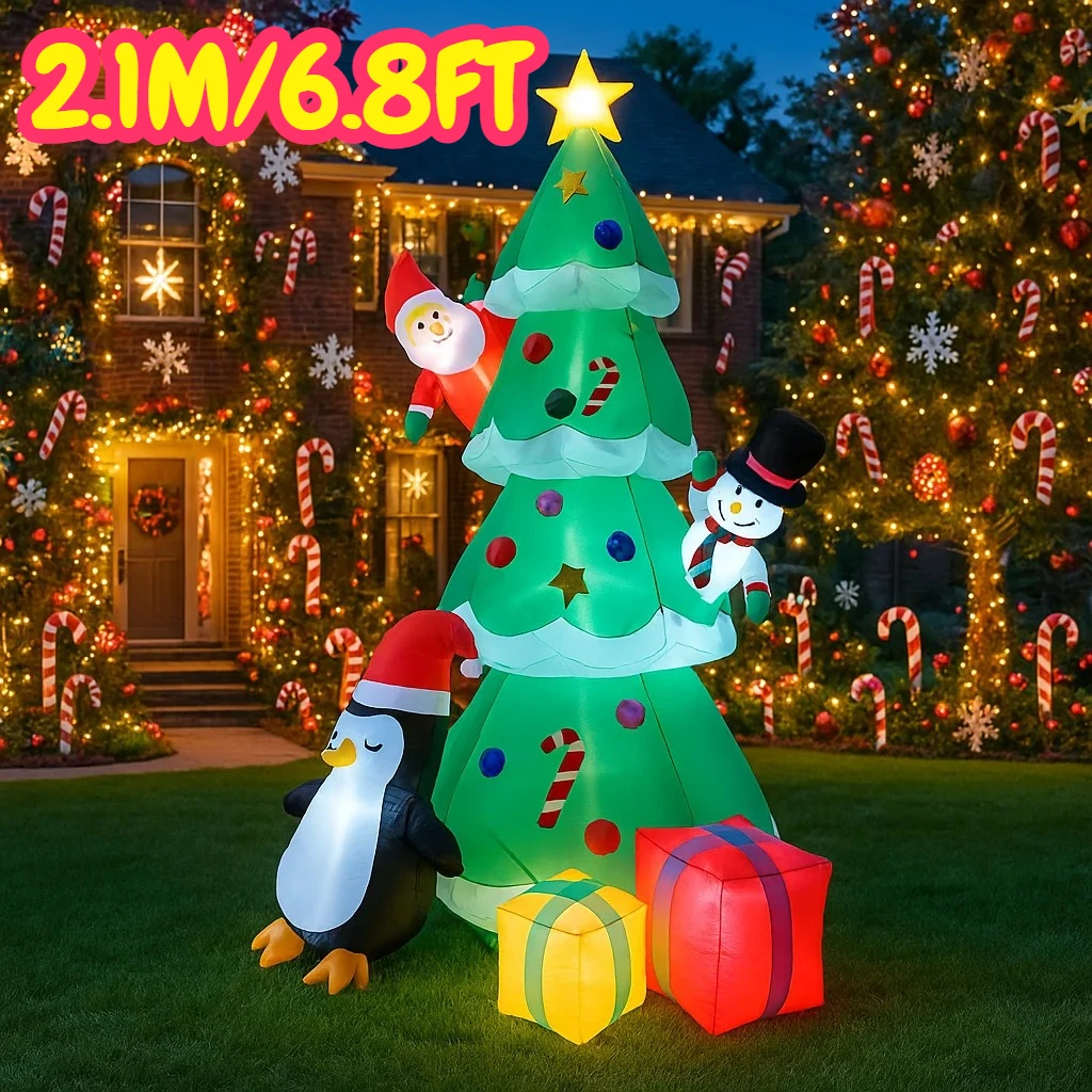 2.1M/6.8FT Inflatable Christmas Tree Santa Snowman Penguin Gift Box Light LED Home Decor Toy Yard Outdoor Inflatable Decorations