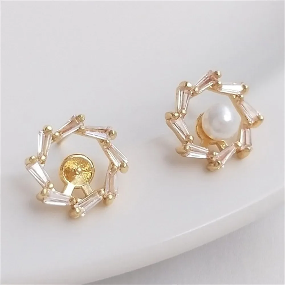 

14K Gold Inlaid Zircon Half Hole Pearl Holder Flower Ring Earrings 925 Silver Needle Handmade DIY Ear Jewelry Accessories E130