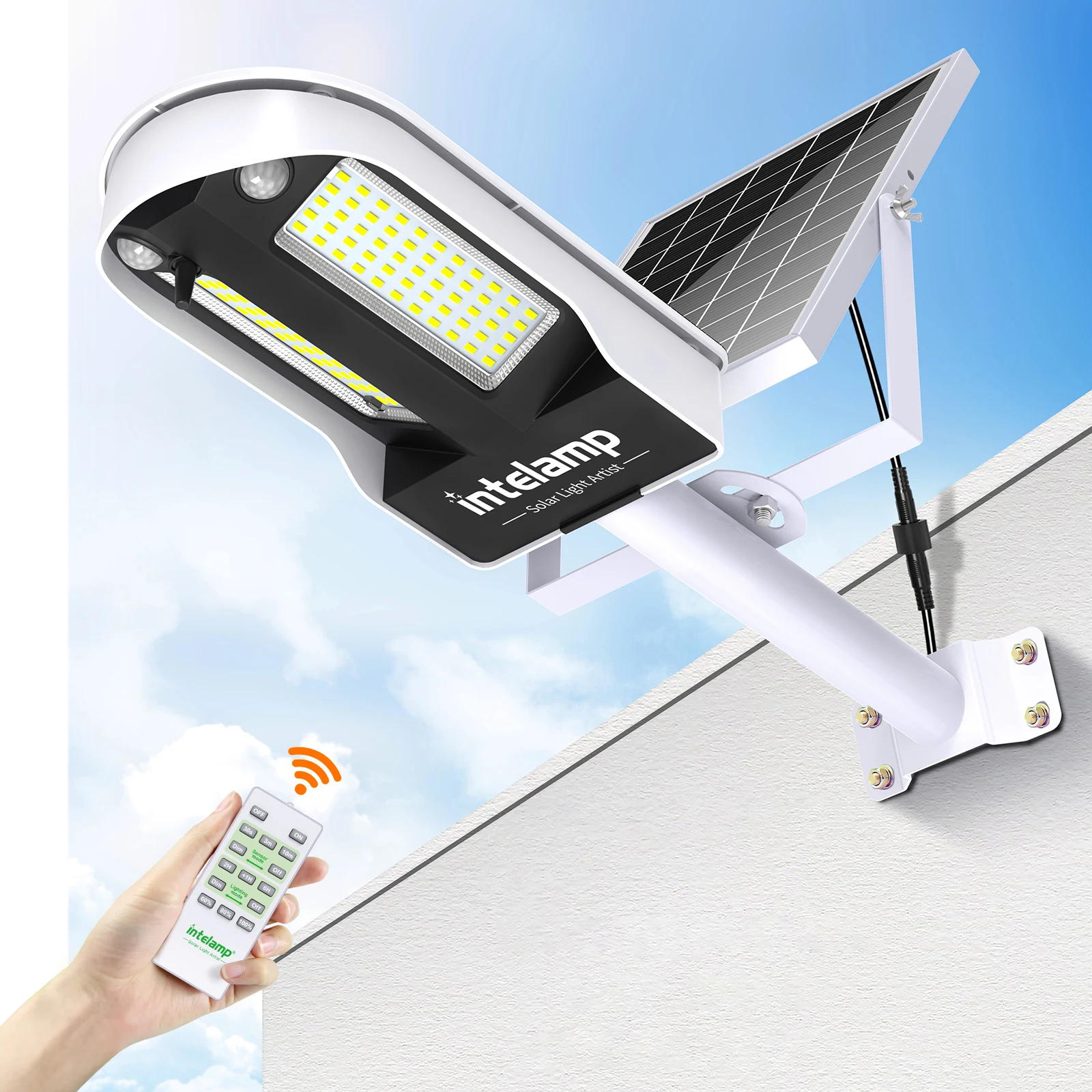 Intelamp 12500mAh Outdoor-Solarstraßenleuchten mit supergroßem Solarpanel, zwei Sensoren, wasserdichte Sicherheits-Flutlichter