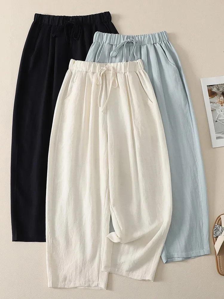 

Summer Lightweight Casual Wide Leg Pants Women's Thin Cotton Linen Ice Silk Trousers Small Size Straight Tube Poplar Pants