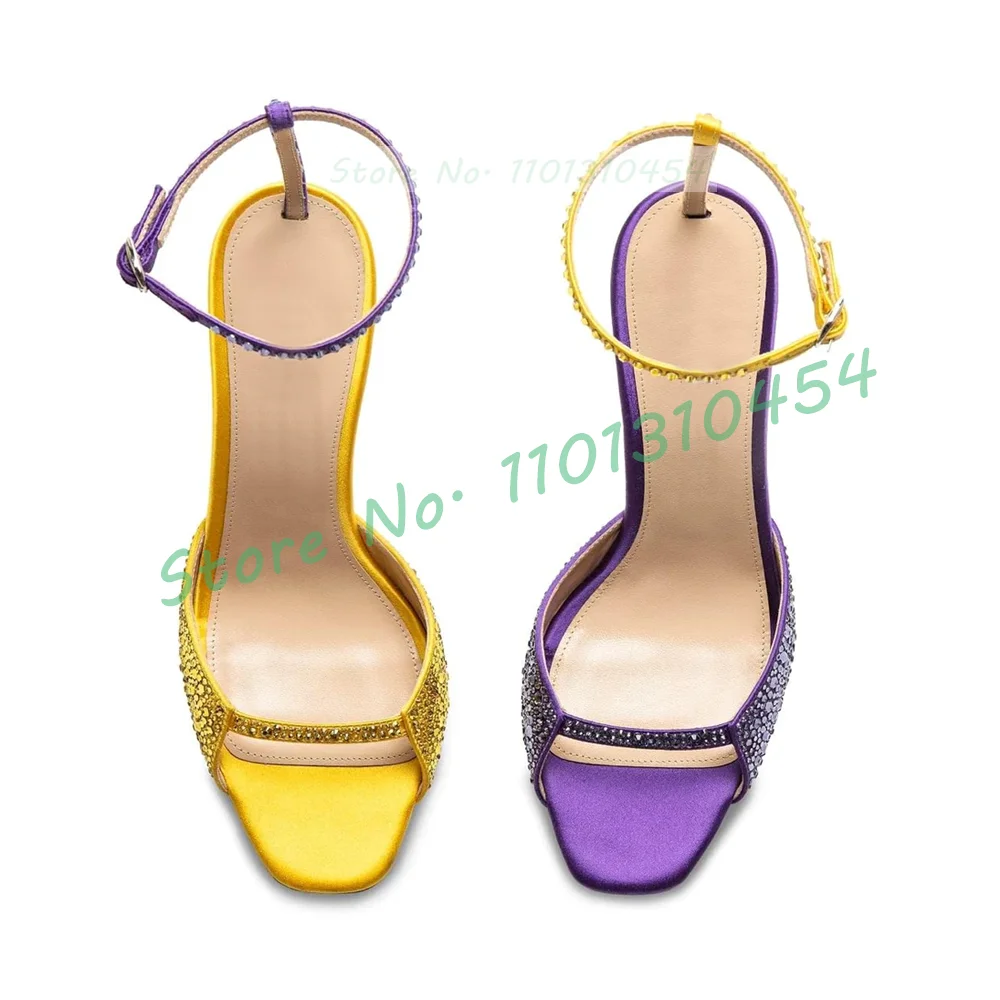 Multi-color Satin High Heels Sandals Women Luxury Rhinestones Round Toe Party Thin Heel Ladies Sparkling Ankle T-strap New Shoes