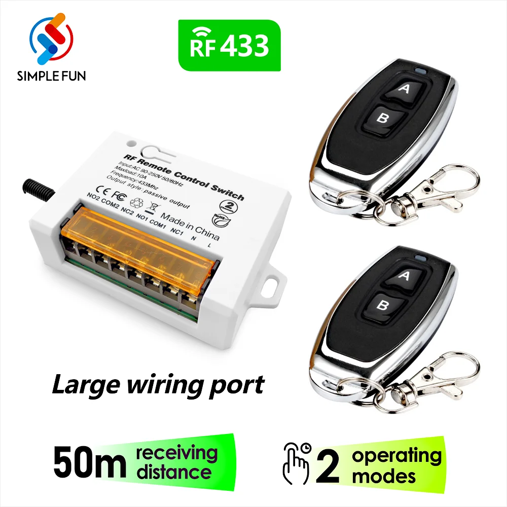 433Mhz Wireless Remote Control Switch Relay 220V 2 Channels Receiver AC DC Transmitter for Motor Garage Door Gate Curtain Lamps
