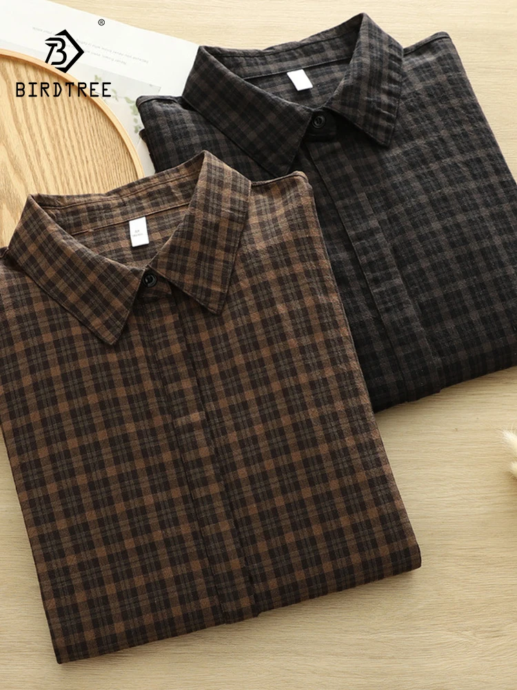 

New 2026 Spring Women Cotton Yarn Long Sleeve Shirt, Turn-down Collar Plaid, Mori Girl Casual Design Sense Loose Blouse T63626CC