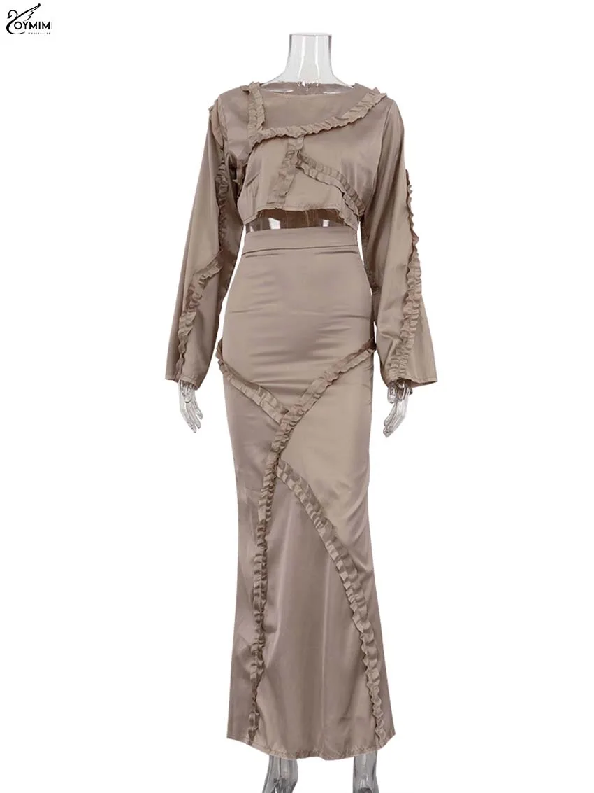 Oymimi Elegant Brown Ruffled 2 Piece Sets Woman Outfit Fashion O-Neck Long Sleeve Blouses And High Waist Straight Skirts Sets