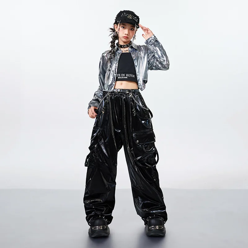 Mädchen Hip Hop Silber Crop Shirt Street Dance Leder Hosen Mode K-pop Coole Jacke Kleidung Sets Gruppe Jazz Bühne tragen Outfits