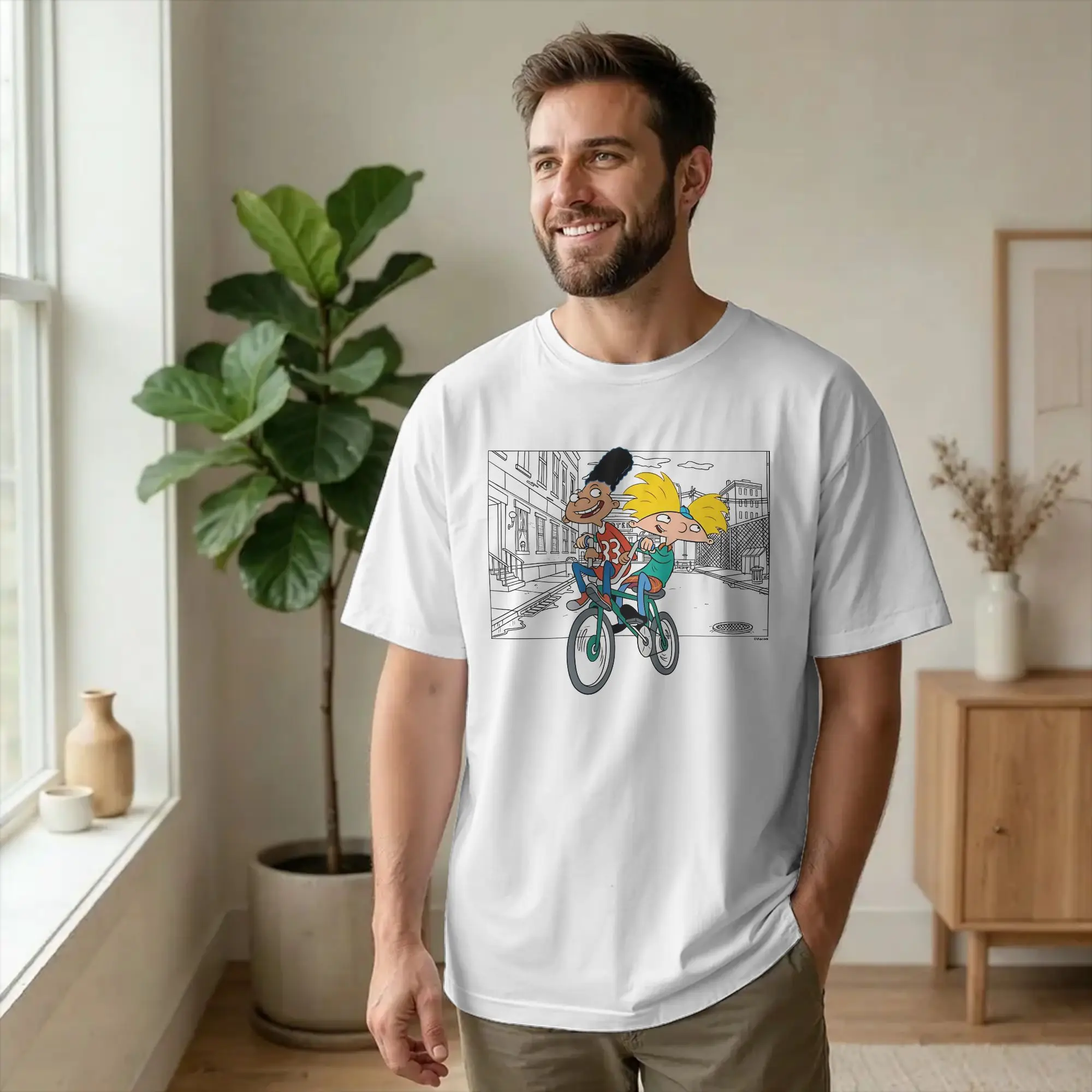 Funny Hey Arnolds   T Shirt Unisex Round Neck Short Sleeve Tops Gerald Ride Bike Big Chest Logo  Cotton Summer Top Tee