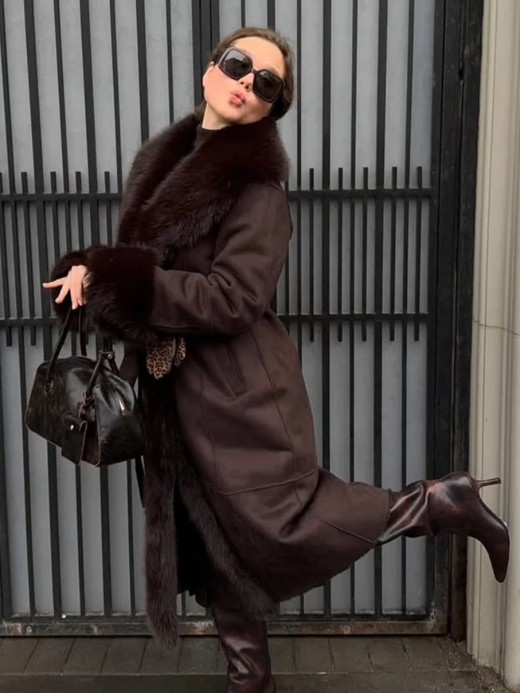 

Casual Women Faux Fur Patchwork Overcoat Chic Lace Up Full Sleeve Lapel V-neck Long Coat 2026 Lady Winter Commute Street Outwear