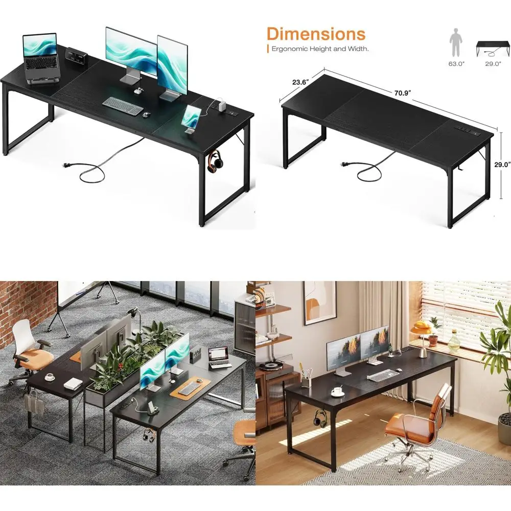 

71 Large Black Computer Desk with USB Ports for Home Office, Study, and Writing