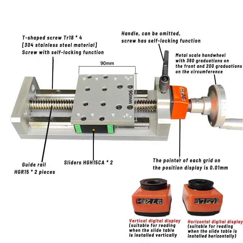CNC Manual Sliding Table 50-1000mm Effective Stroke Linear Guide Stage Module With Digital Display Position Counter Handwheel