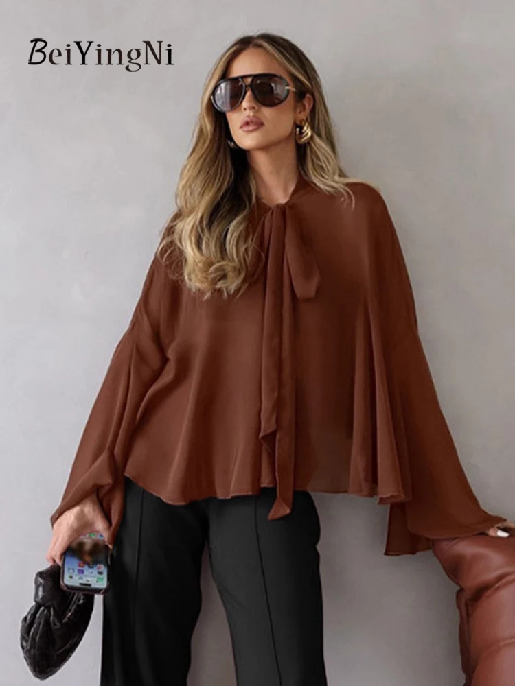 Beiyingni Top in chiffon traspirante allentato Donna 2025 Autunno Semplice Lace-up Francese Marrone Blusas per donna Elegante Pendolarismo OL Camicie