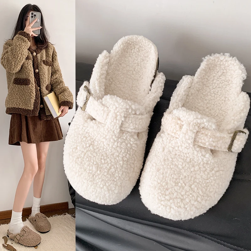 Warm Thicken Lamb Wool Fluffy Slippers Women 2024 Winter Flat Heels Mule Slippers Woman Brand Designer Thick Sole Birken Shoes