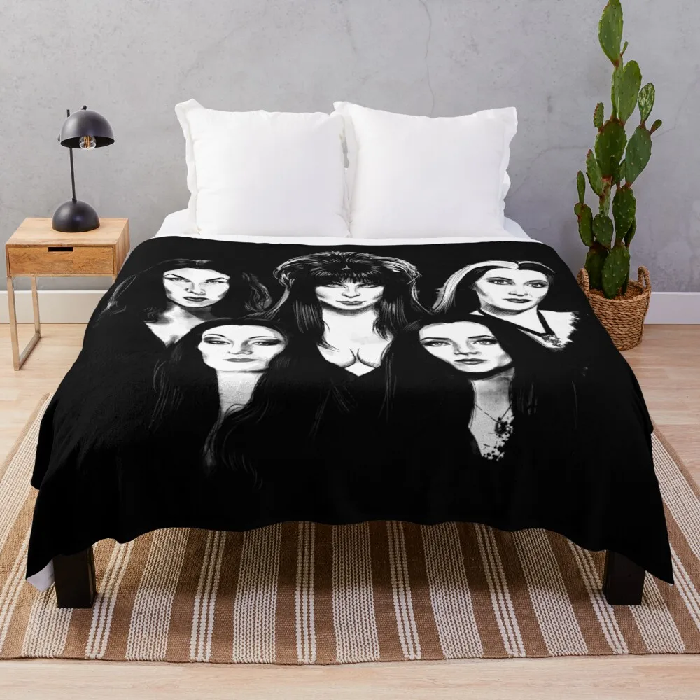 Goth Queens - Elvira, Vampira, Lily, Morticia Throw Blanket Retros Personalized Gift Cute Plaid halloween Blankets