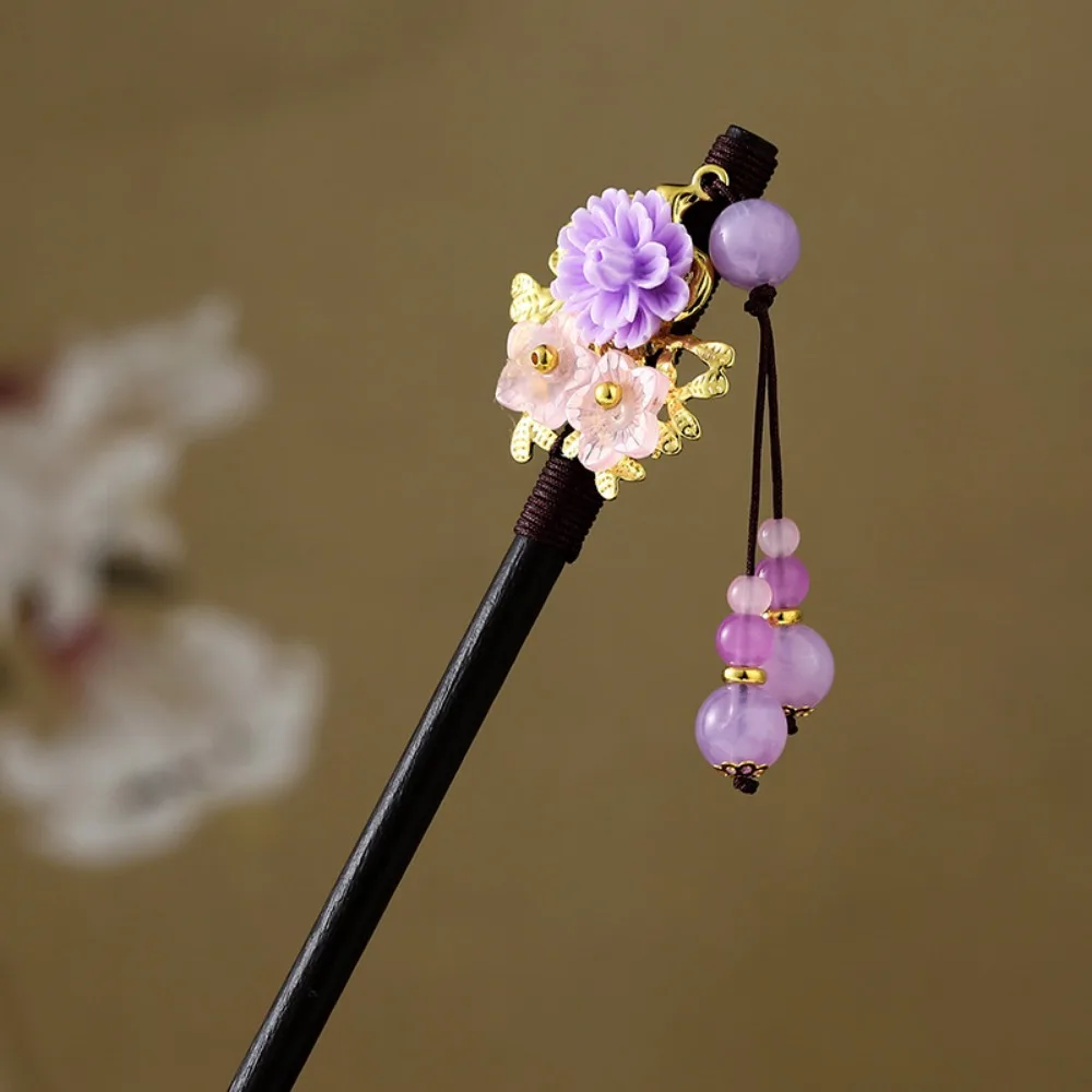 Decorative Chinese Style Flower Hair Sticks Retro Handmade Wooden Hairpin Hair Fork with Tassel Party Hair Bun for Women Girls