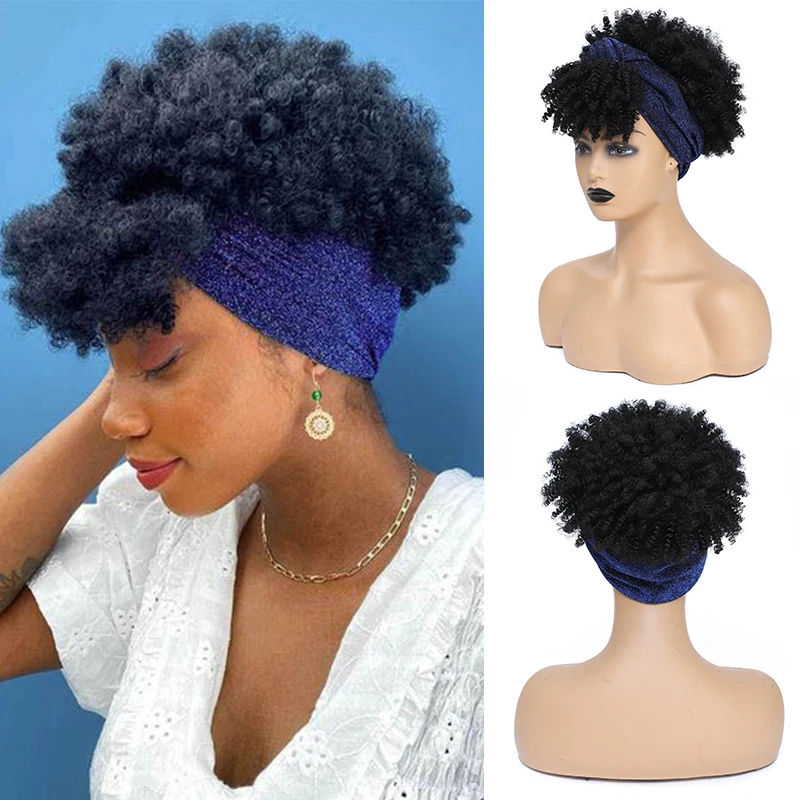 Wig keriting Afro sintetis bando Wig keriting Puff pendek dengan syal Wig ikat kepala keriting ikal hitam untuk wanita penggunaan sehari-hari Cosplay