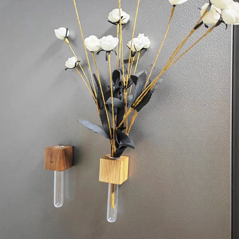 1Pc Originality Wooden Test Tube DIY Flower Magnetic Simulation Flower Vase Refrigerator Sticker Home Kitchen Decoration