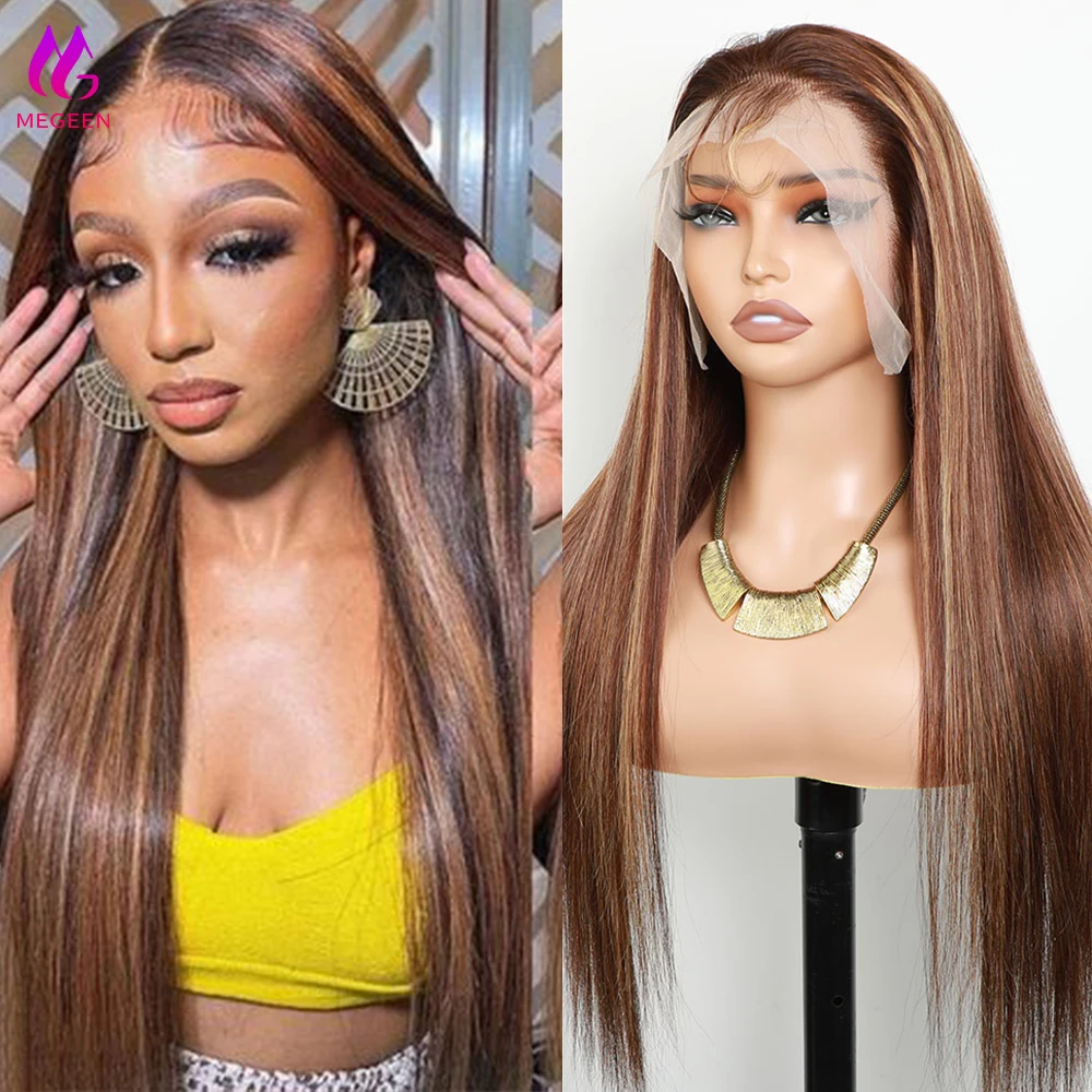 

Megeen 26 Inch Ombre Highlight Human Hair Transparent Straight Lace Front Wig Pre Plucked P4/27 Colored Wig 13x4 Lace Front Wigs