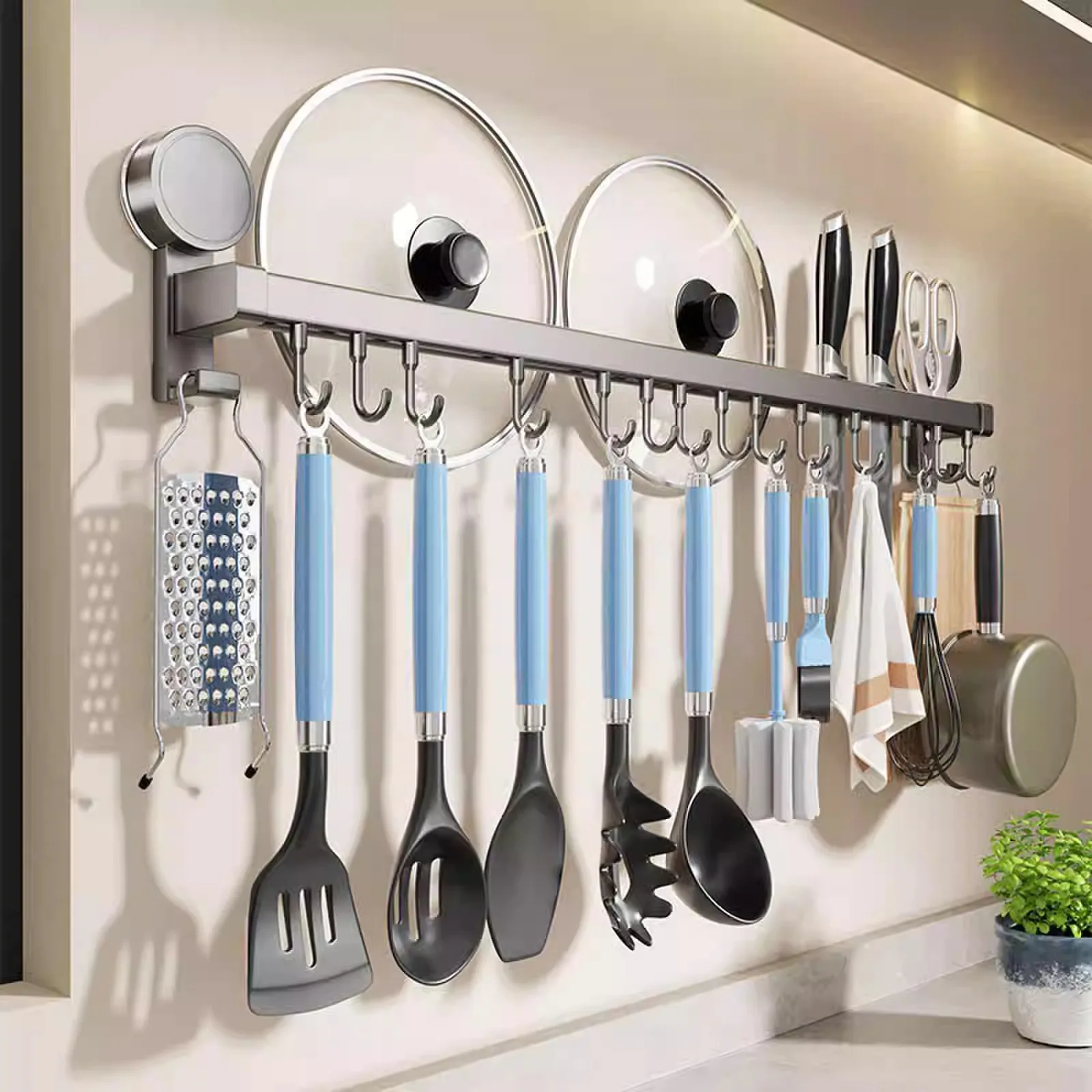 Suction Cup, Kitchen Hook, Non-Punching Rod, Knife Holder, Spatula, Spoon, Knife, Multi-Functional Shelf, Wall-Mounted Shelf