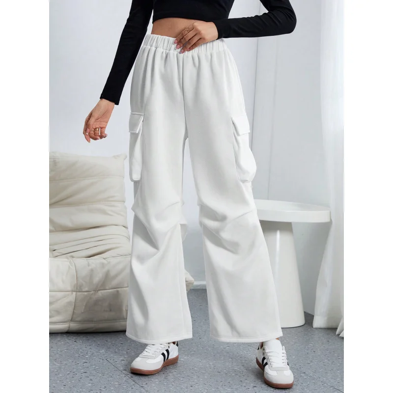 

YQ1-Women's Clothing2025Autumn Winter Elastic Waist Cargo Pants High Street Loose Straight Wide-Leg Sports Casual Long Pants