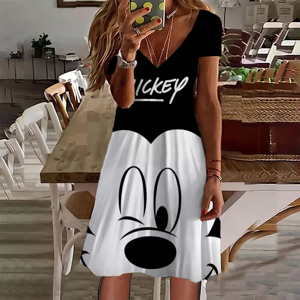 

Short Sleeve Summer V-neck Dresses Fashion Women's Plus Size Clothing Women's Dresses Disney Mickey Mouse Print Elegant Casual