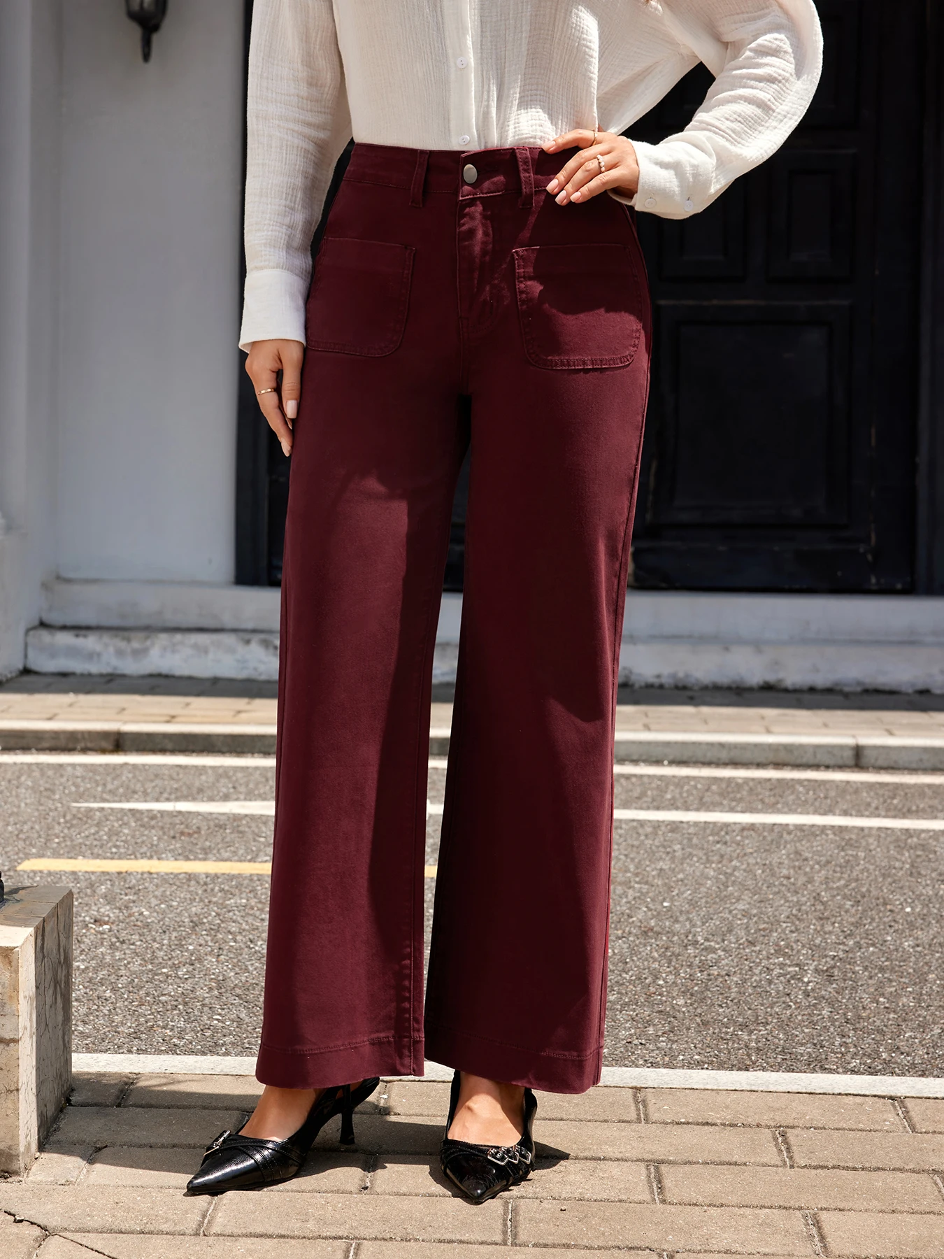 بنطال جينز نسائي مطاطي من القطن باللون الأحمر الخمري، طراز واسع الساق، عصري ومتعدد الاستخدامات وأنيق ومطاط متوسط الارتفاع مستقيم