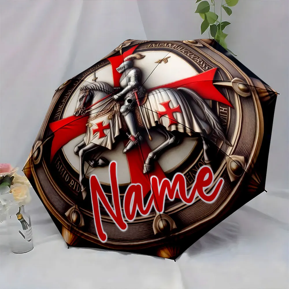 Custom Name Knights Templar Umbrella Design 8 Iron Ribs Folding Umbrella Auto-Open Fashionable Sunshade Deluxe Gift